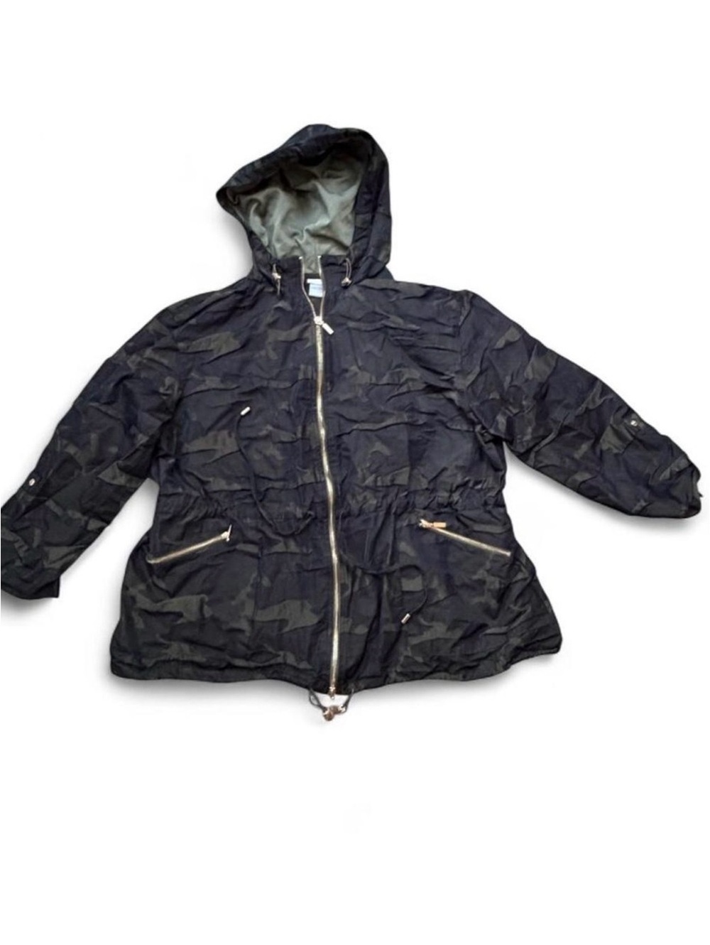Chico's Black Camouflage Hooded Bomber Jacket with Gold Details